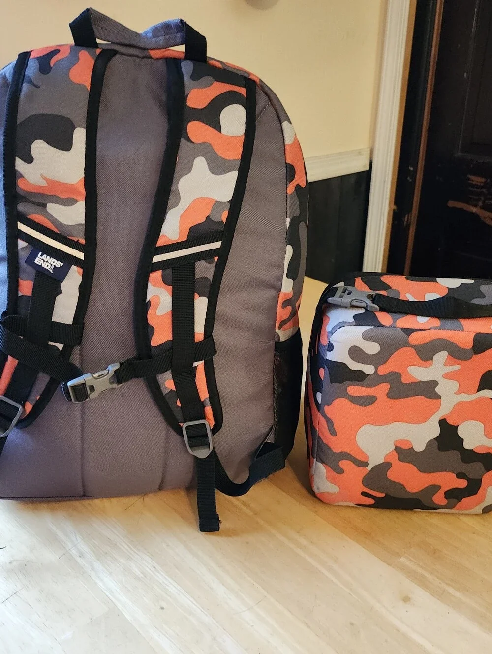 Lands' End Classmate Backpack Orange Camo Medium & Lunchbox Set GUC